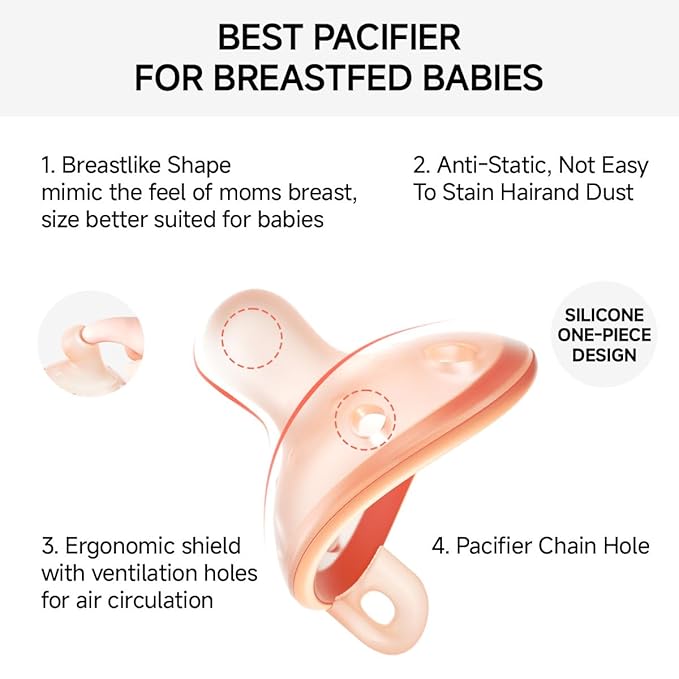 Baby Pacifiers 0-6 Months, BPA-Free Silicone Nipple, Lightweight One-Piece Design, Set of 4, with a Pacifier Chain & Pacifier Case