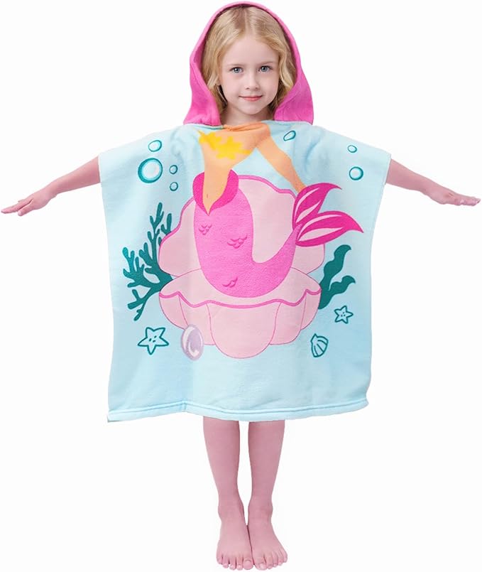 Hooded Kids Beach Towels - Toddler Bath Towel Girls Boys Swim Cover-ups for Ages 1 to 6 Kids Pool Towels Quick Dry Lightweight Soft Microfiber Poncho Towel 24x23 (Mermaid Seashell)