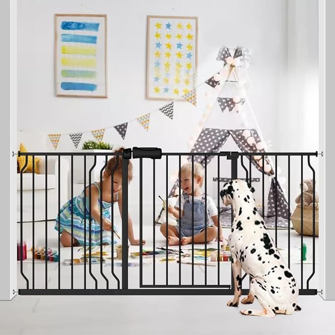 Fairy Baby Walk Through Baby Gate 34-38.5 Inch Wide for Stairs, Pressure Mounted Safety Gate with Door No Drill, Tension Metal Gate for Dog and Toddler, Black