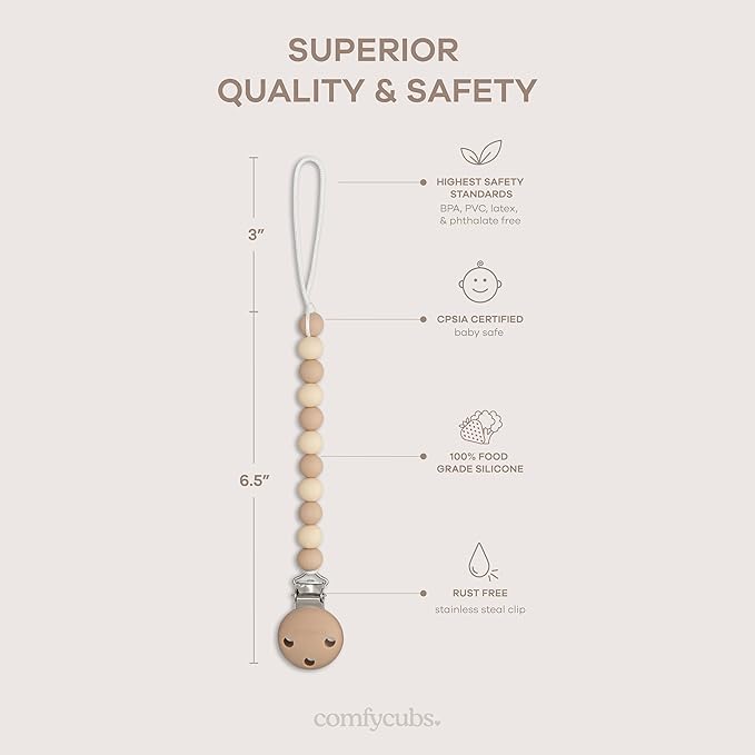 Comfy Cubs Pacifier Clips 2 Pack - 100% Food Grade Silicone Baby Pacifier Clips, BPA & PVC Free - CPSIA Certified, Lightweight and Flexible Baby Gifts - Beige, Light Beige & White
