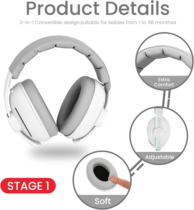 2-in-1 Adjustable Baby & Toddler Noise Cancelling Headphones - Ear Muffs for Kids 1-3 for Airplane Travel