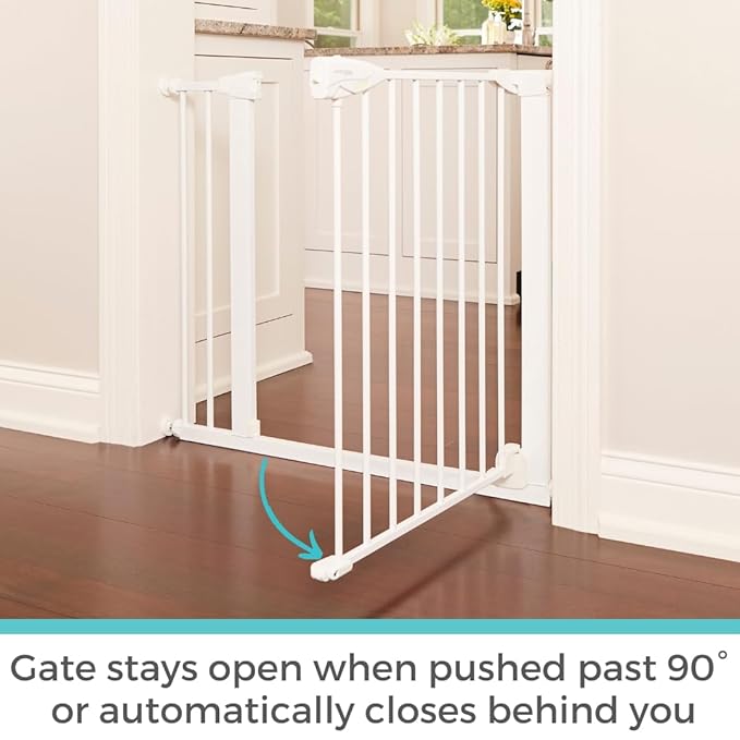 Toddleroo by North States - Bright Choice Auto Close Baby Gate: Pressure Mounted Baby Gate for Doorways with Glow in the Dark Handle - Adjustable 29.75 to 40.5 Inches Wide - 30 Inches Tall - White