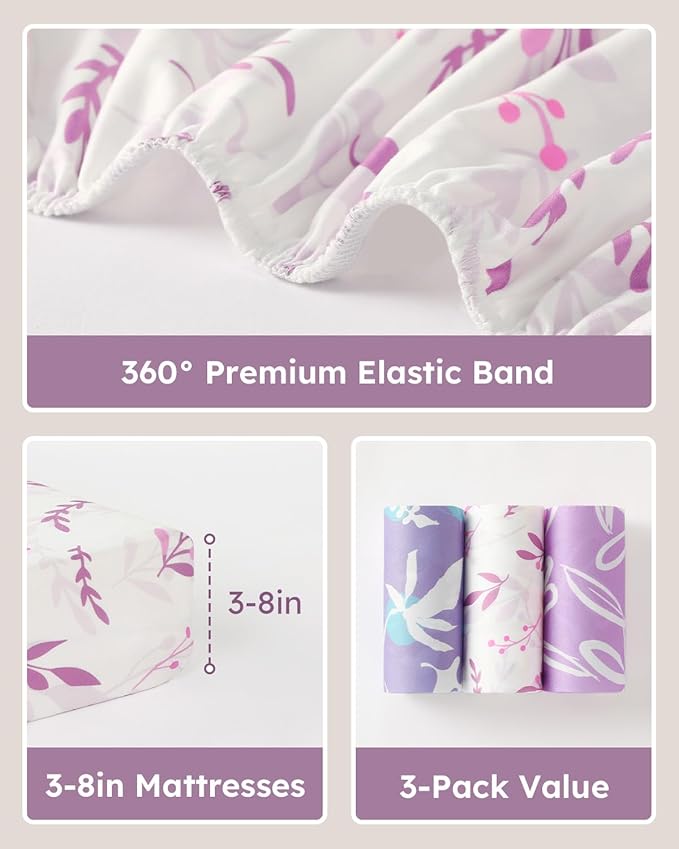 Baby Crib Sheets for Boys Girls, 28x52x8in Fitted Crib Sheet Neutral 3 Pack for Standard Crib and Toddler Mattress, Breathable Soft Microfiber Baby Sheet Purple Leaf
