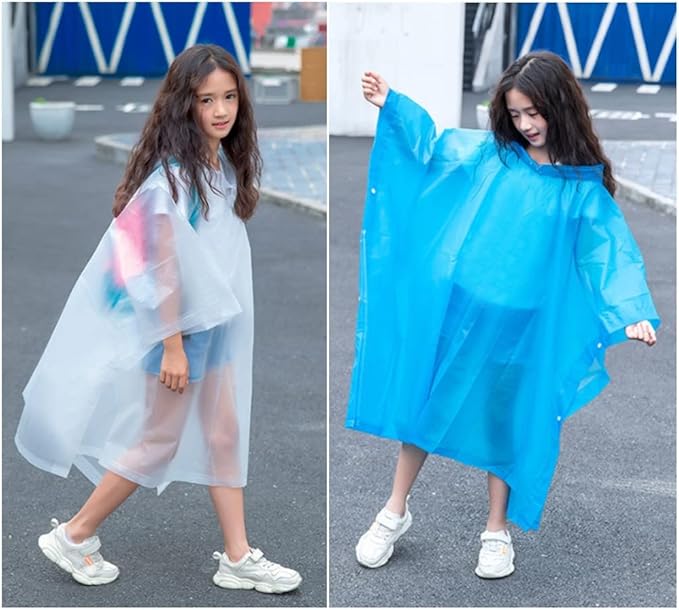 Rain Poncho for Kids (2 Pack), Reusable EVA Children Raincoat Ponchos Rain Jacket with Hood for 6-14 Girls Boys