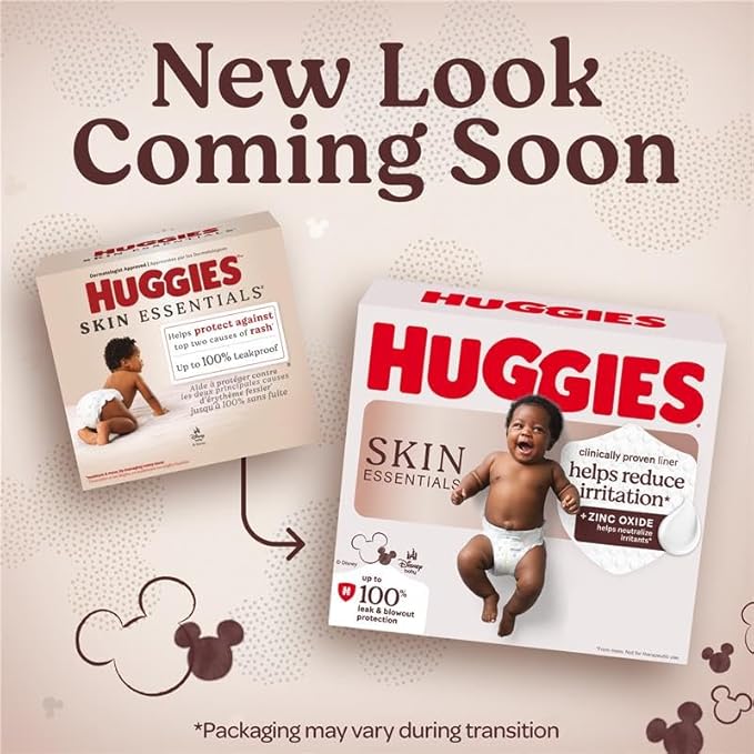 Huggies Size Newborn Diapers, Skin Essentials Baby Diapers, Size Newborn (6-9 lbs), 180 Count (3 Packs of 60), Packaging May Vary