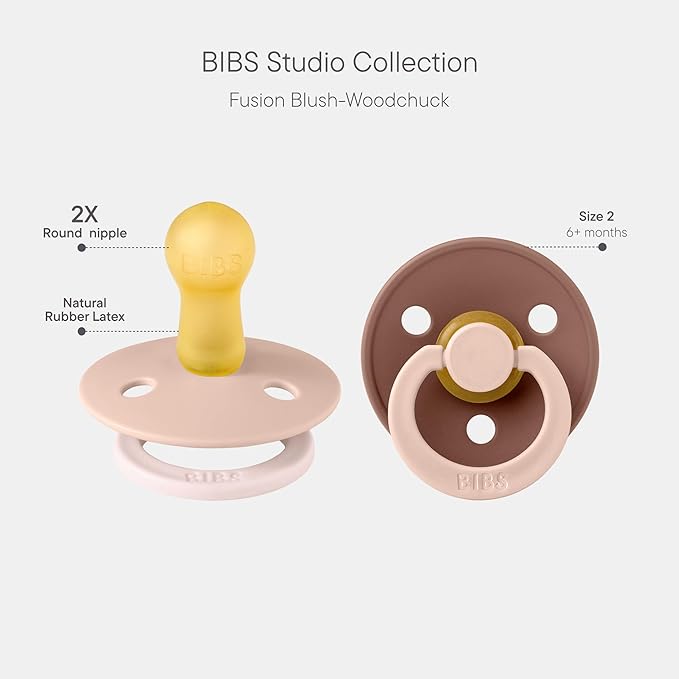 BIBS Colour Studio Pacifier 2-Pack, BPA Free, Round Nipple. Natural Rubber Latex, Made in Denmark, Size 2 (6-18 Months) - Blush/Woodchuck