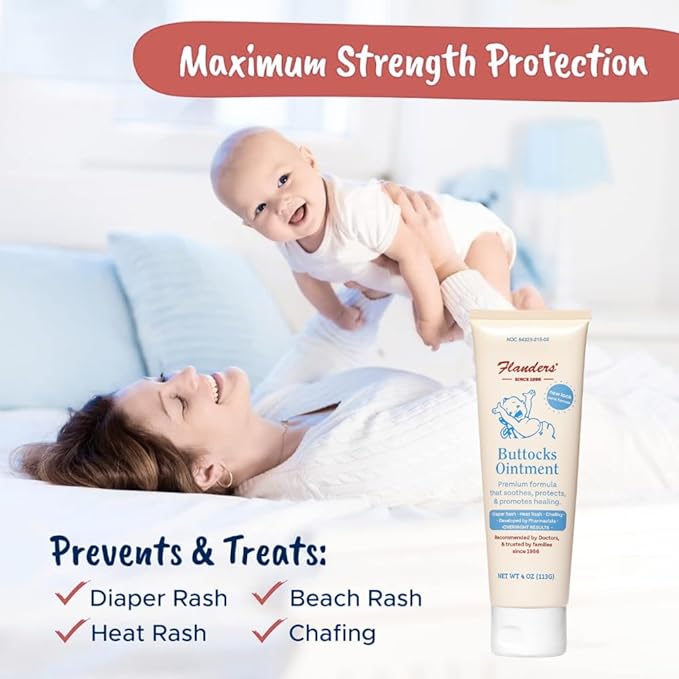 Flanders Buttocks Ointment - Diaper Rash Cream for Treatment & Prevention, Pharmacist Developed, Heat Rash & Chafing in Infants to Adults, Instant Relief (2 Pack of 4oz Tubes)