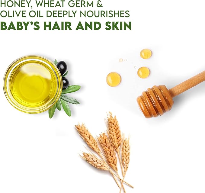 WBM Care 3-in-1 Baby Shampoo, enriched with honey, wheatgerm, and organic olive oil, nourishes baby hair with a gentle, tear-free formula for healthy care