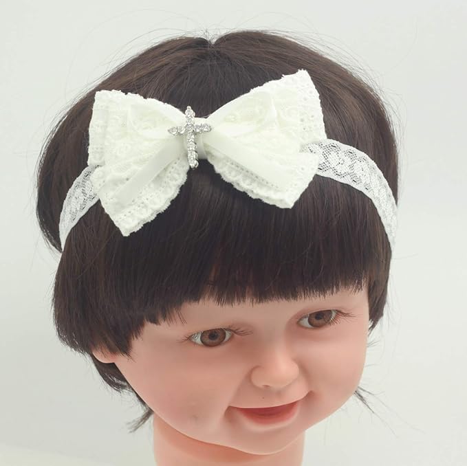 White Baby Bow Headband for Baptism Christening Satin Lace Hair Band with Cross for Toddler (B-white lace headband for baptism, 0-6 months)