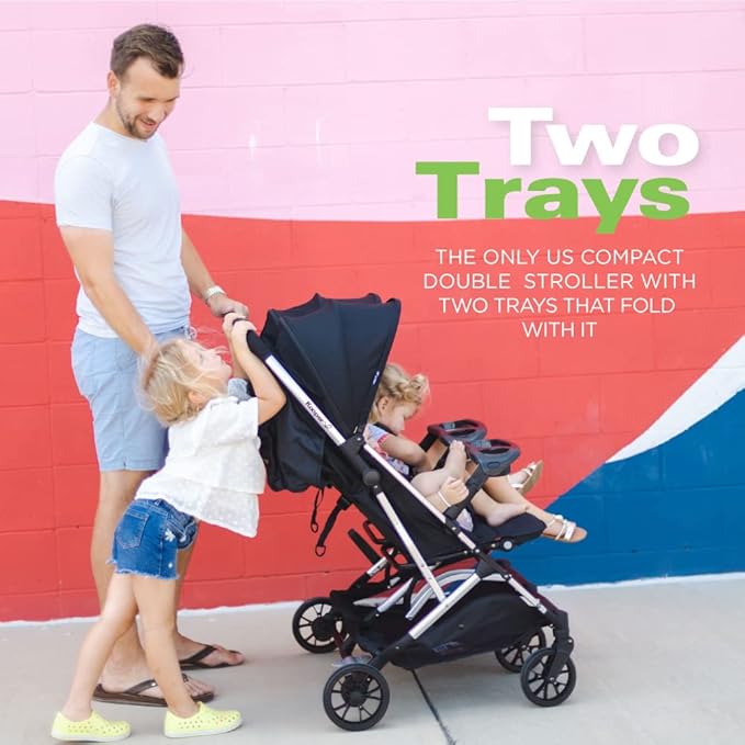 Joovy Kooper X2 Double Stroller, Lightweight Travel Stroller, Compact Fold with Tray, Black