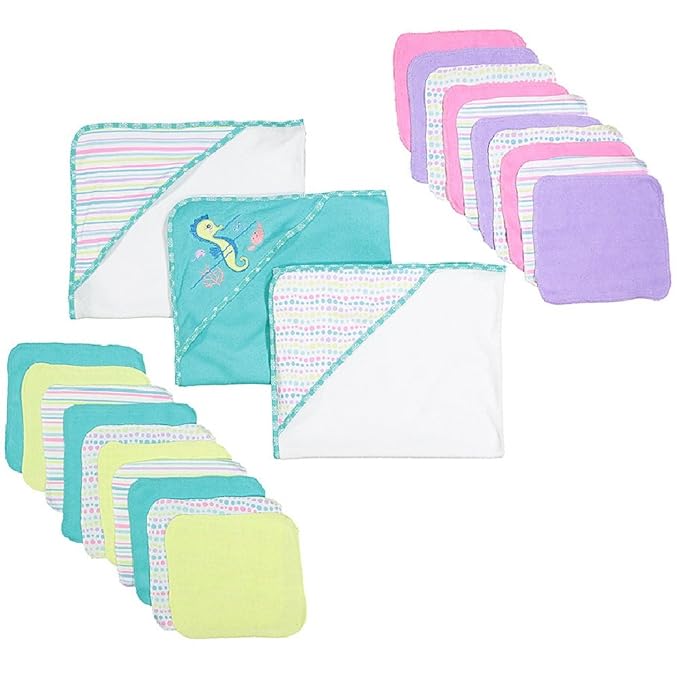 Spasilk Baby 23 Piece Bath Hooded Towels and Washcloths Set for Newborn Boys and Girls