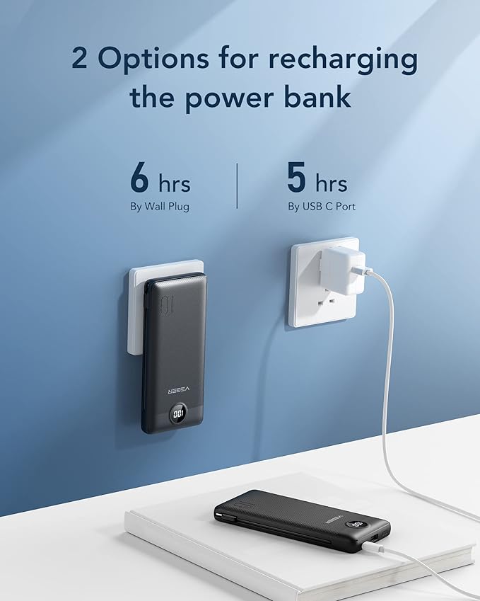 VEGER Portable Charger with Built-in AC Plug and Cables, All in One 10000mAh Ultra Slim Power Bank Travel Essentials, 15W Fast Charging Battery Pack Compatible with iPhone, Samsung, Android (Black)