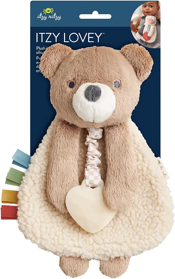 Itzy Ritzy - Itzy Lovey Including Teether - Baby Lovey with Teether, Textured Ribbons & Dangle Arms - Features Crinkle Sound, Sherpa Fabric and Minky Plush (Bear)