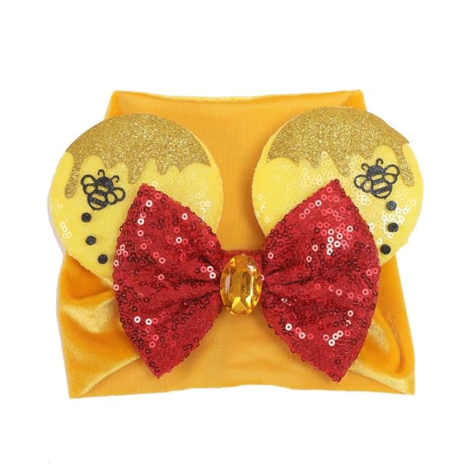 JIAHANG Baby Girl Mouse Ears Turban Headband with Bee, Yellow Sequin Bows Headwrap, Wide Hairband for Newborn Infant Toddler, Fashion Headwear Party Supplies