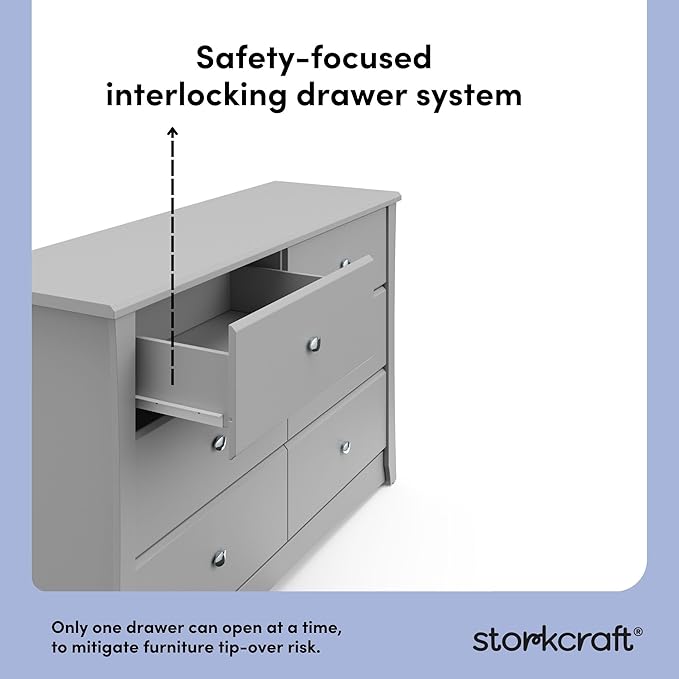 Storkcraft Crescent 6-Drawer Dresser (Pebble Gray) – GREENGUARD Gold Certified, Gray Dresser for Bedroom, Kids & Nursery Storage Chest, Safety Interlocking Drawers, Pre-Installed Tracks, Kids Chest
