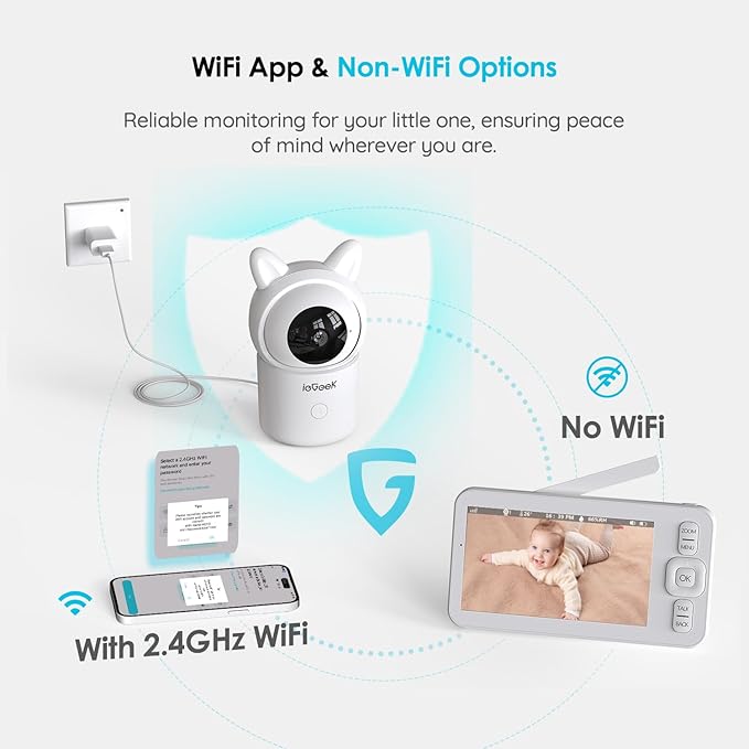ieGeek Baby Monitor with Camera and Audio, 5" Large HD Display(No WiFi) & 1080P Camera & Free Smart App(WiFi), Upgraded Night Vision/PTZ/2-Way Audio/Auto Tracking Detection Notification and Alert