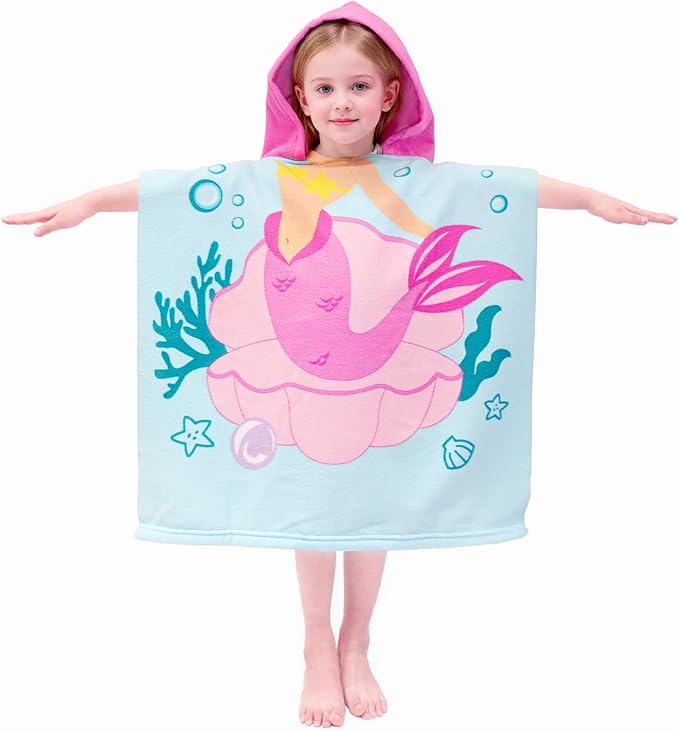 Hooded Kids Beach Towels - Toddler Bath Towel Girls Boys Swim Cover-ups for Ages 1 to 6 Kids Pool Towels Quick Dry Lightweight Soft Microfiber Poncho Towel 24x23 (Mermaid Seashell)