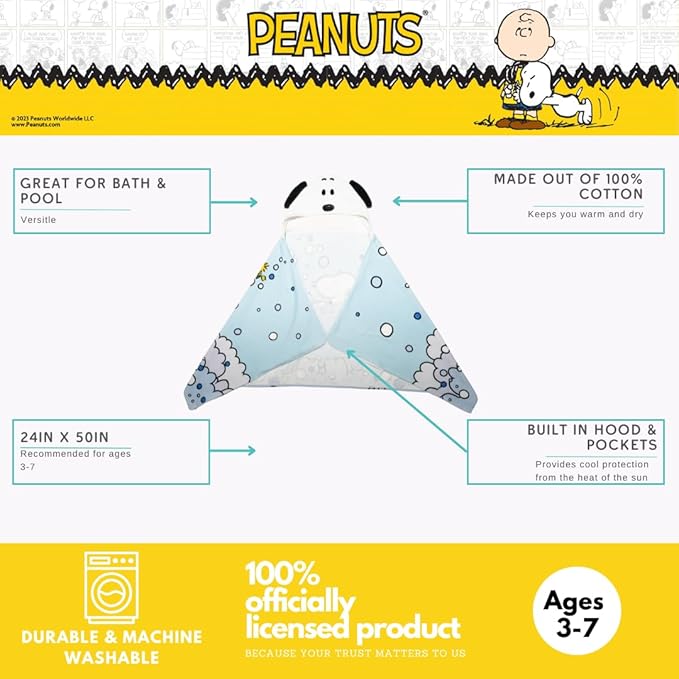 Peanuts Snoopy Bubble Bath Kids Super Soft Bath/Pool/Beach Soft Cotton Terry Hooded Towel Wrap, 24 in x 50 in, (Officially Licensed Product) by Franco