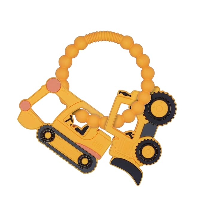 Silicone Baby Ring Toy with Excavator,Bulldozer Teethers,Must Haves Teething Relief Chew Toys for 0-6,6-12 Months Boys and Girls,Newborns Essentials,Safe and Soft,BPA Free.