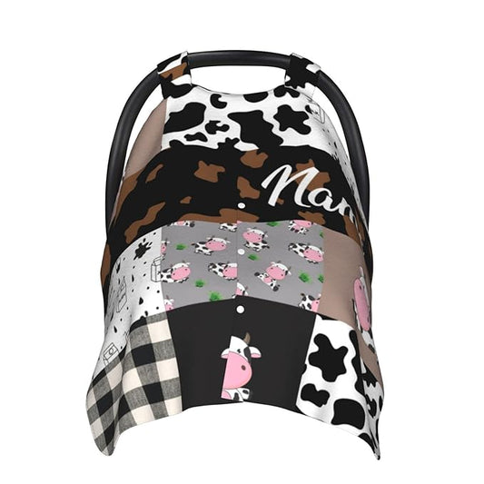 Personalized Cute Cow Baby Car Seat Canopy for Babies with Name, Custom Cow Stripes Car Seat Covers for Boys Girls, Opening Minky Nursing Breastfeeding Cover Infant Carseat Canopies for Newborn