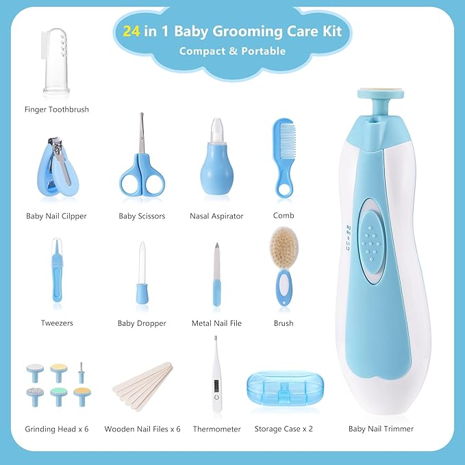 Megainvo Baby Grooming Kit, 24 Pcs Baby Care Kit, Baby Nail Trimmer Set with Light, Newborn Nursery Baby Essential Care Kit Nail Clippers Hair Comb Brush Infant for Neewborn Boys Girls