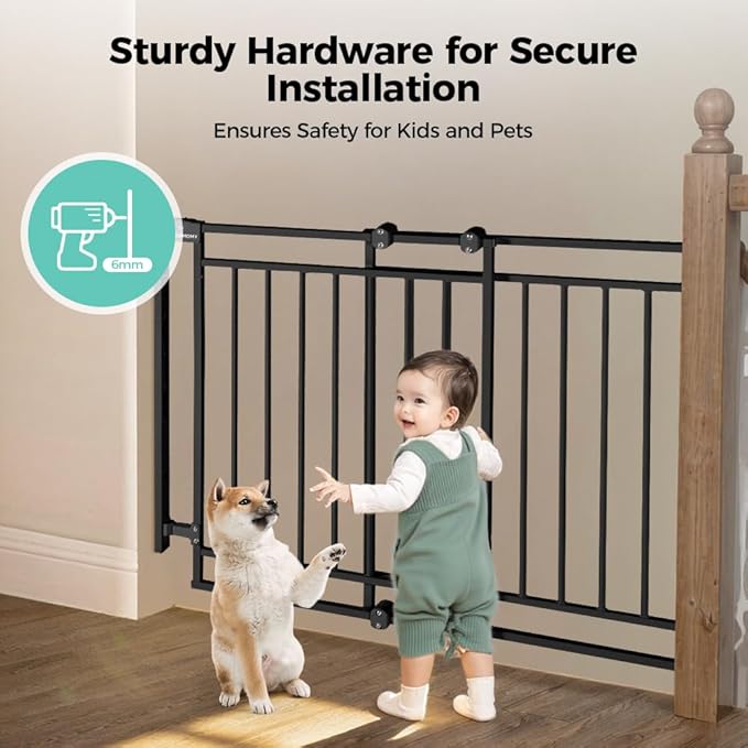 COMOMY 27.5-43" Baby Gate No Bottom Bar for Stairs and Doorways, 2-in-1 Auto Close Dog Gate Indoor for the House, Hardware Mounted Pet Gate with Large Walk Thru Door, Child Safety Gate for Dogs, Black
