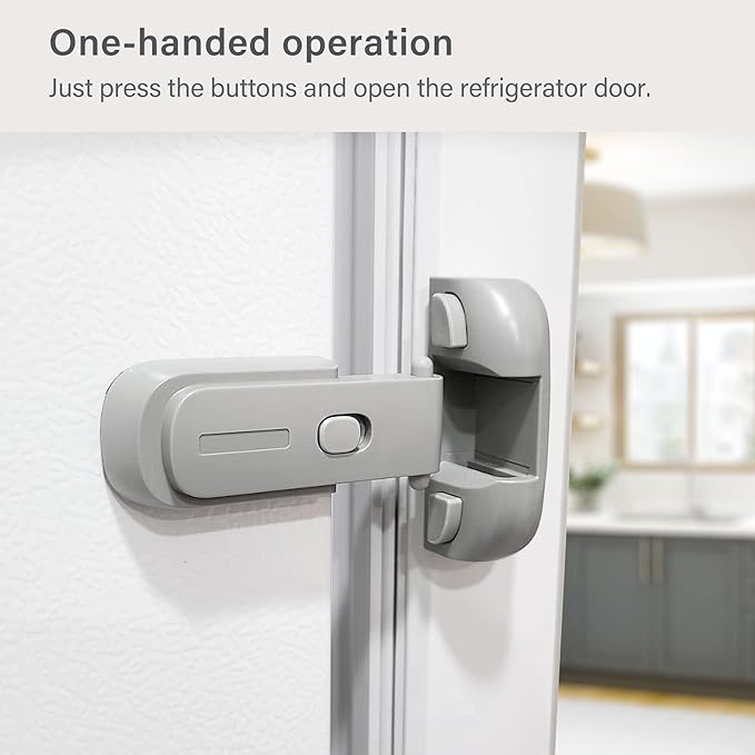 Fridge Lock for Kids, Refrigerator Lock Child Proof, Freezer Latches to Keep Door Closed, One Handed Operation, Strong Adhesive Tapes Included, Grey