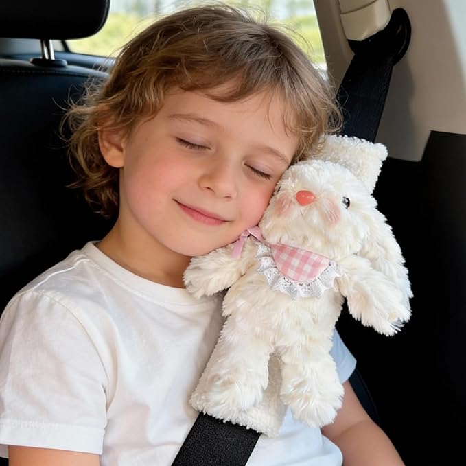 2 PCS Seat Belt Cover Pad, Cute Kawaii Animal Bunny Seatbelt Covers for Kids and Adults, Winter Plush Fluffy Soft Seat Belt Cover, Cartoon Seatbelt Cushion,Car Seat Strap Pads (A-Bunny(Pink))