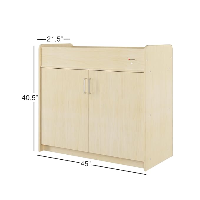Foundations SafeSwing Daycare Changing Table, Formerly SafetyCraft - Durable Wood Cabinet with 2 Built-in Shelves - Storage w/Soft Close Hinges, Includes Durable Mattress Pad, Natural