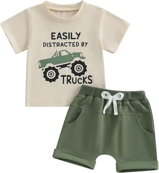 WZTYYDS Toddler Baby Boy Summer Clothes 2T 3T 4T 5T Boys Outfit Letter Truck Short Sleeve T-Shirt Tops + Shorts Set