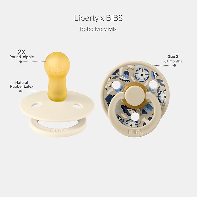 BiBS Liberty Pacifier 2-Pack, BPA Free Pacfiers with Natural Latex Round Nipple, Made in Scandinavia, Size 2 (6-18 Months), Bobo Ivory Mix