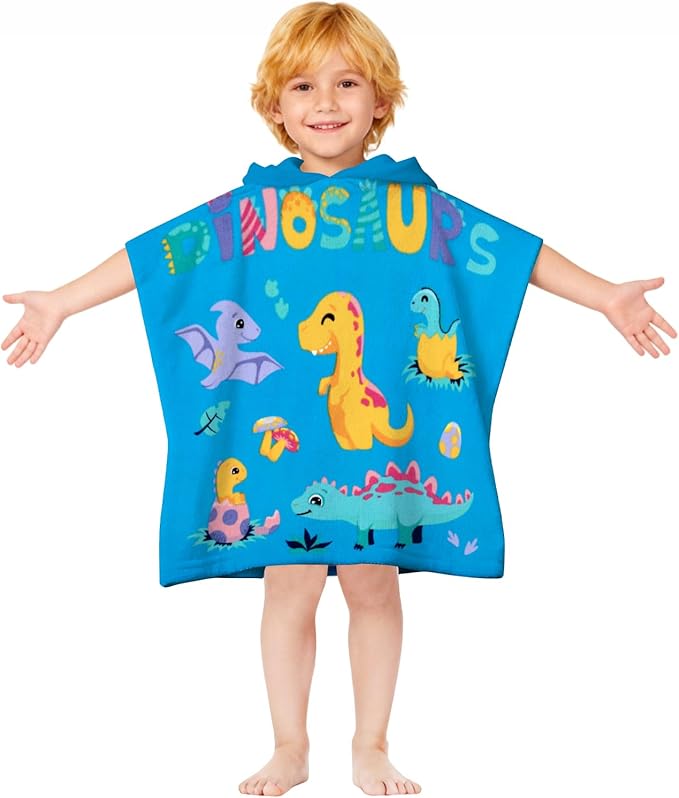 Hooded Kids Beach Towels - Toddler Bath Towel Girls Boys Swim Cover-ups for Ages 1 to 6 Kids Pool Towels Quick Dry Lightweight Soft Microfiber Poncho Towel 24x23 (Dinosaur Sky Blue)