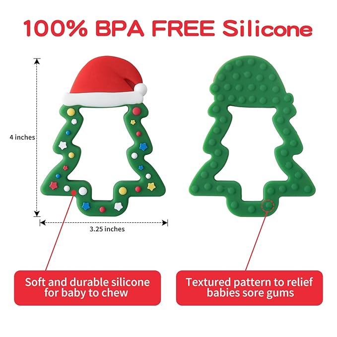 Jimibaby Silicone Teether - Christmas Teething Toy for Baby Boys & Girls, Perfect Stocking Stuffer, Comes with Gift Package (Christmas Hat) (Green)