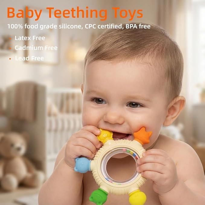 Baby Teething Toys for 0-6 Months,Babies Rattle Teether Sensory Toy for Baby 6-12 Months,Ring Teether Infant Toys for Babies 0-24Months,BPA Free Babys Chew Toys Newborn Infant Toys Gifts