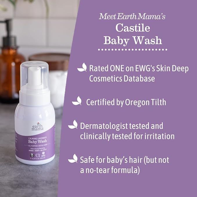 Earth Mama Calming Lavender Baby Wash with Gentle Castile Soap for Sensitive Skin, 5.3-Fluid Ounce