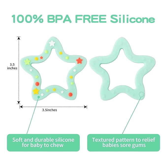 Jimibaby Silicone Star Teether, The First Teething Toy for Baby Boys and Girls,100% BPA Free, Easy to Hold, Freezer Safe (Mint Star)