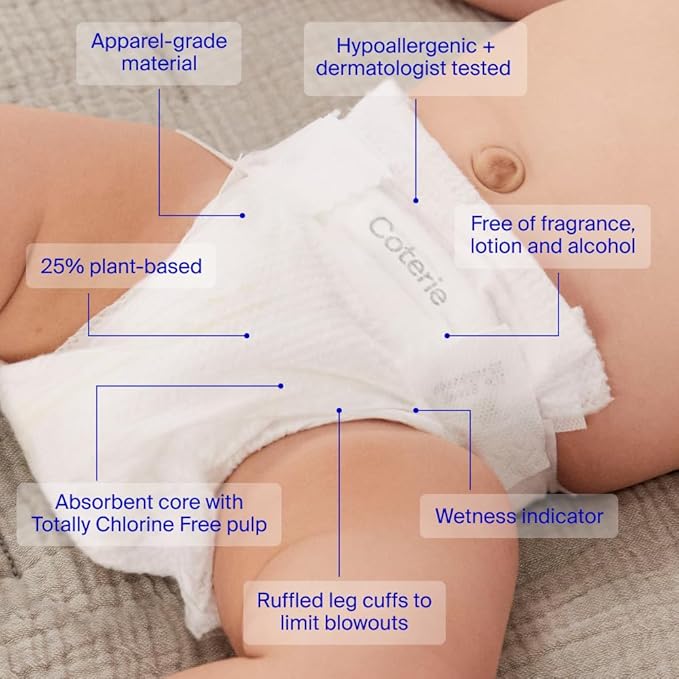 Coterie Baby Wipes + Diapers Kit, Size 1 (198 Count) & Size Newborn Diapers (93 Count), 4 Pack (224) Wipes with 99% Water, Plant Based Materials, Hypoallergenic for Sensitive Skin, Baby Essentials