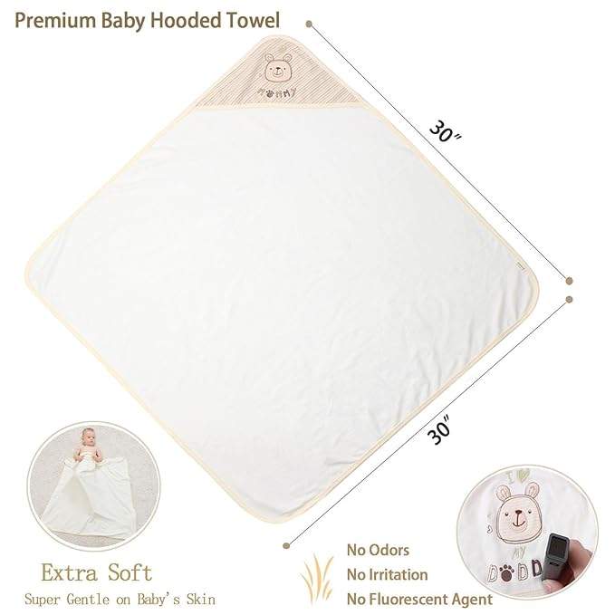 6-Pack Organic Cotton Baby Bath Set - Ultra Soft Embroidered Hooded Towel and 5 Washcloths, Premium Gentle Newborn, Toddlers Gift for Sensitive Skin, Stripes, 30 x 30 Inch
