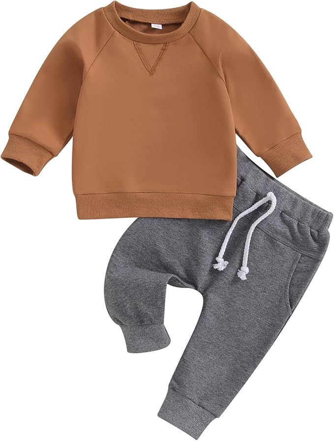 Toddler Baby Boy Clothes Solid Color Long Sleeve Crewneck Sweatshirt Top Casual Pants Set 2Pcs Fall Winter Outfits