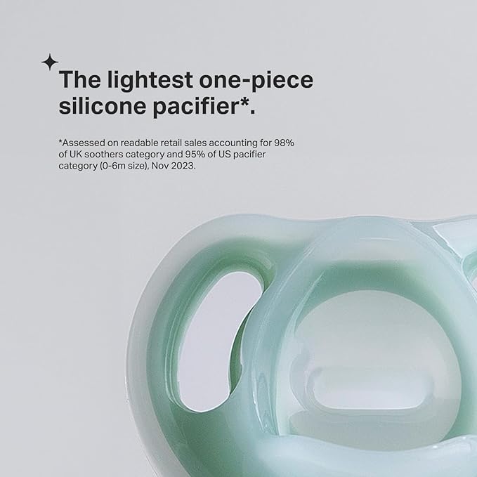 Tommee Tippee Ultra-Light Silicone Pacifier, Symmetrical One-Piece Design, BPA-Free Silicone Binkies, Clear/Blue/Green, 0-6 Month (Pack of 48)