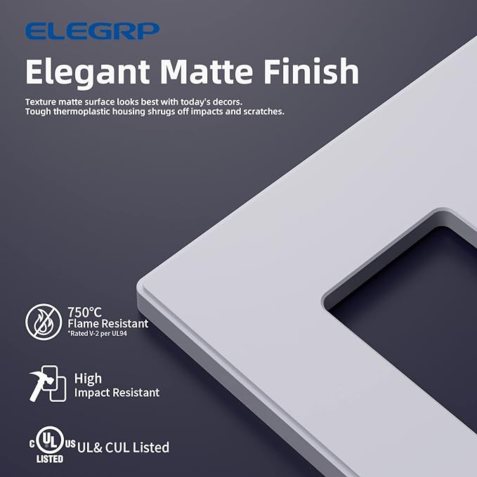 ELEGRP 2-Gang Screwless Decorative Wall Plates, Mid-Size 4.88" height x 4.94" length Unbreakable Thermoplastic Faceplate Cover for Decorator Receptacle Outlet & Switch, UL Listed (5 Pack, Matte White)