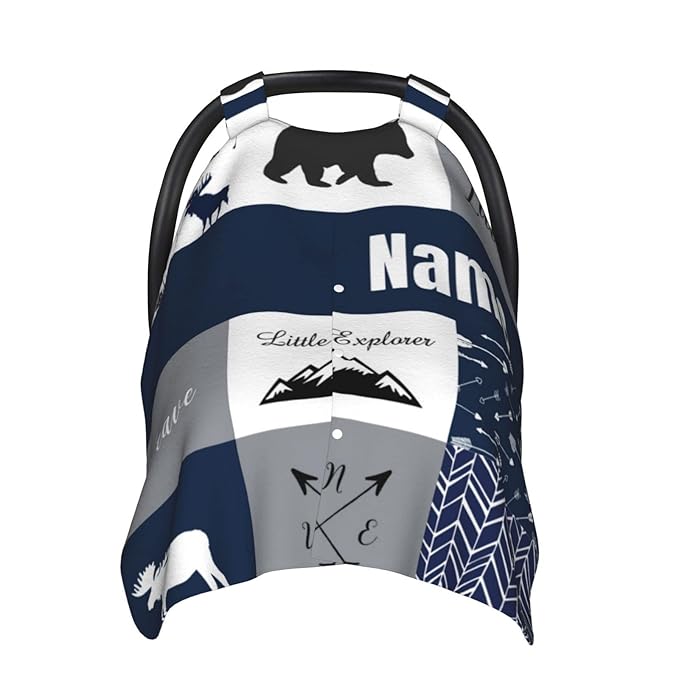 Personalized Woodland Deer Blue Baby Car Seat Canopy for Babies with Name, Custom Adventure Car Seat Covers for Boys, Opening Minky Nursing Breastfeeding Cover Infant Carseat Canopies for Newborn