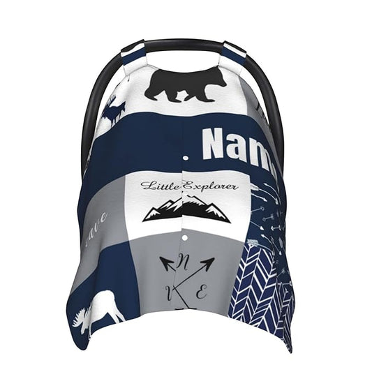 Personalized Woodland Deer Blue Baby Car Seat Canopy for Babies with Name, Custom Adventure Car Seat Covers for Boys, Opening Minky Nursing Breastfeeding Cover Infant Carseat Canopies for Newborn