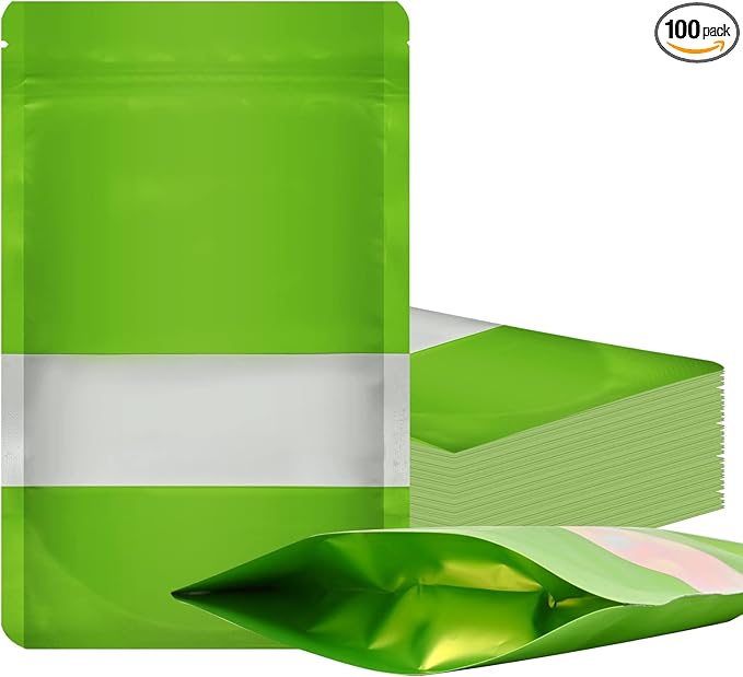 100 Mylar Bags, Resealable Foil Pouch with Clear Window, Stand-up Food Storage Bags, Green, 3.5 x 5 Inch