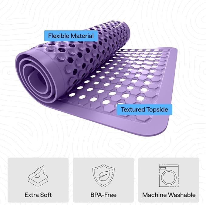 GORILLA GRIP Patented Bath Tub Shower Mat, Machine Washable Bathtub Floor Liner Mats, Suction Cups and Drain Holes to Keep Tubs Clean, Soft on Feet, Bathroom Essentials, 35x16 Inch, Purple Opaque