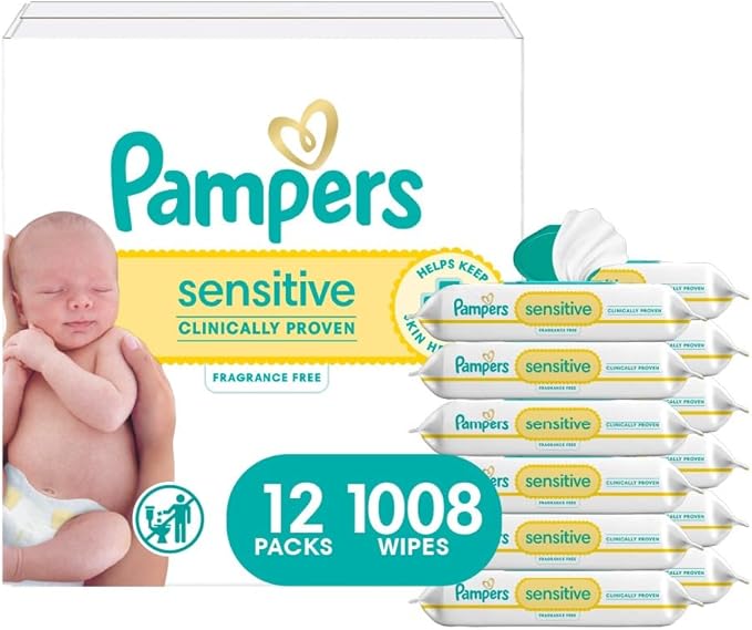 Pampers Baby Wipes, Sensitive, Water Based Wipe, Clinically Proven, Hypoallergenic, and Unscented for Babies, 1008 Wipes Total (12 Flip-Top Packs) [Packaging May Vary]