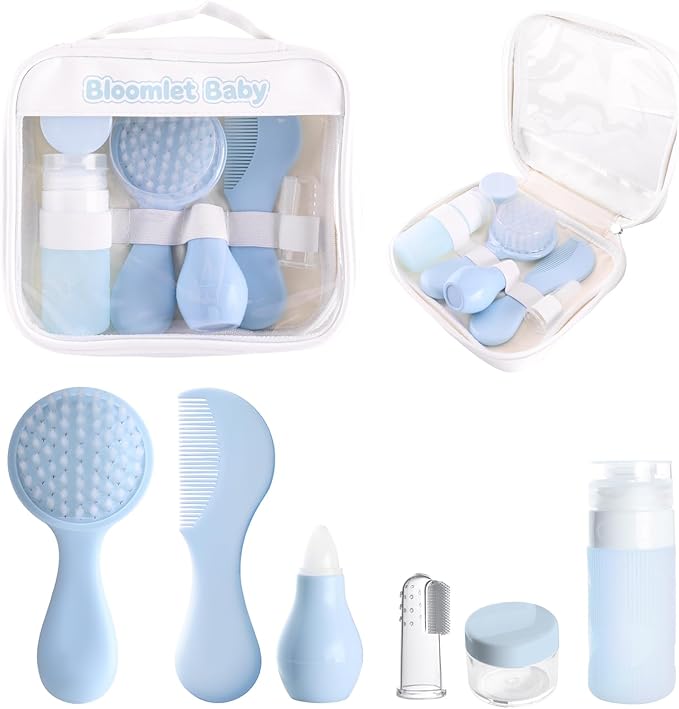 Baby Care Kit, Baby Grooming Kit,6-Piece Newborn Grooming Set with PP Baby Comb & Brush, Silicone Nasal Aspirator, Travel Bottles (60ml/20ml), Toothbrush, Newborn Care Set (Blue)