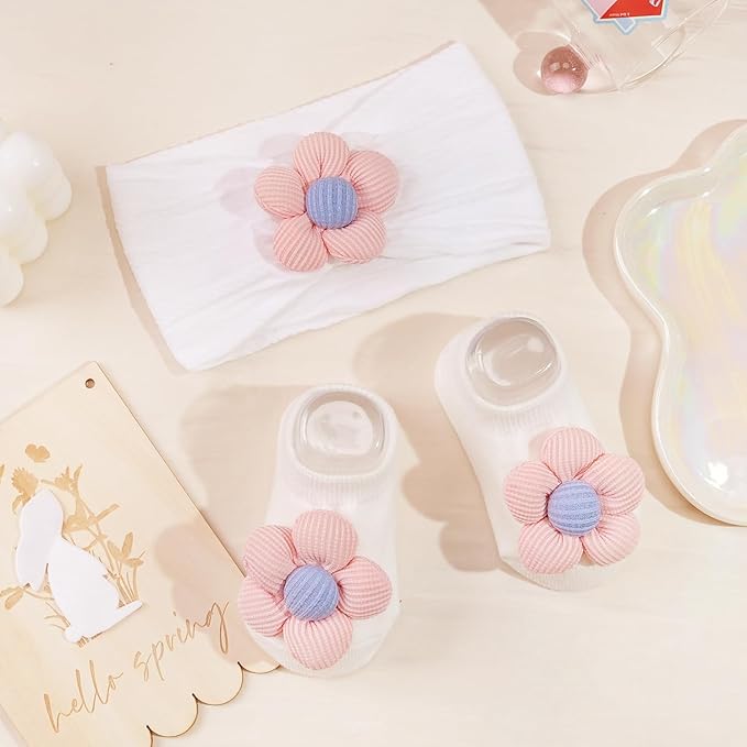 CÉLLOT Baby Girl Headband and Socks, Non-Slip Floral Socks and Soft Floral Nylon Hairbands for Babies Infants and Toddlers