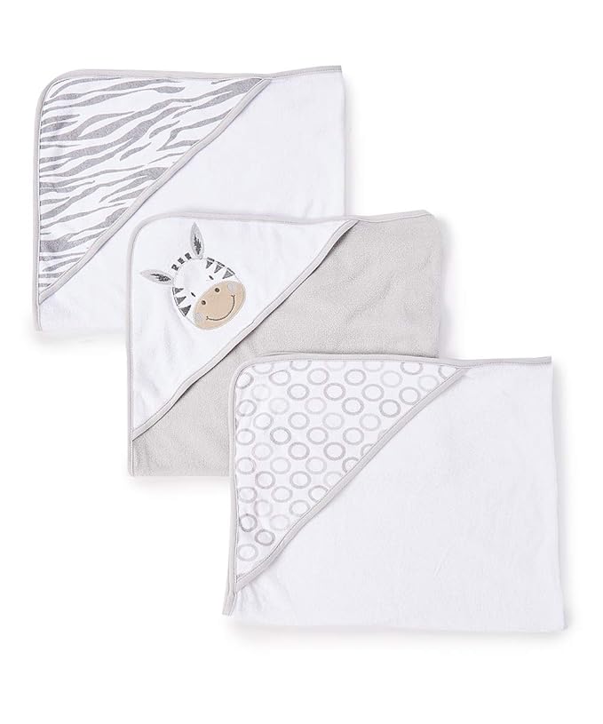 Spasilk Baby 3 Pack Soft Terry Hooded Towel Set for Newborn Boys and Girls, Grey Zebra