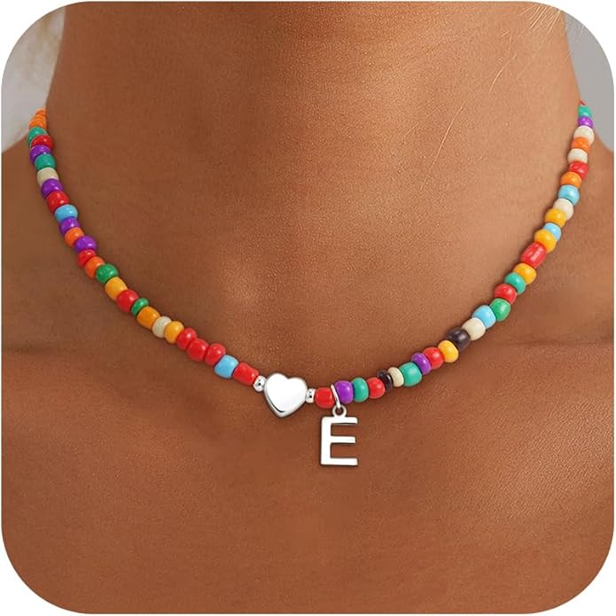 Valentines Day Gifts for Kids Women Girls - Colorful Beaded Initial Necklace Teen Girls Trendy Stuff Dainty Letter Choker Necklace Valentines Day Gifts for Her Mom Wife Jewelry